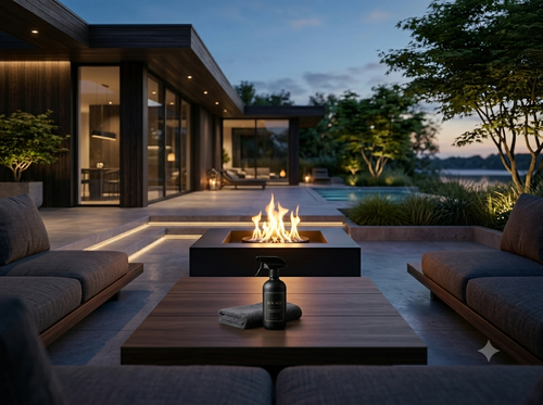 Solace Outdoor reinigingsspray voor bio-ethanol haarden geplaatst op een loungetafel voor een luxe terras met brandende buitenhaard