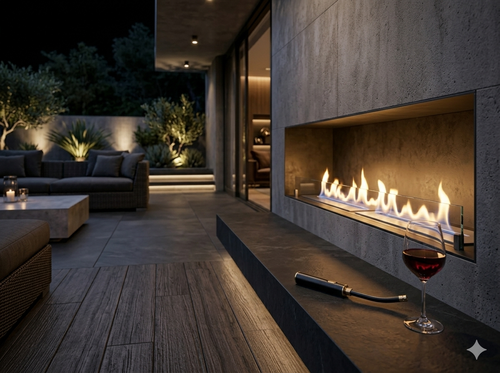 Premium plasma aansteker van Solace Outdoor liggend op een luxe buitenhaard rand tijdens een sfeervolle avond