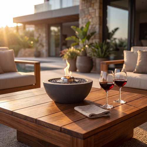 Luxe tafelhaard The Eclipse I Small van Solace Outdoor op een houten loungetafel tijdens golden hour op een luxe terras