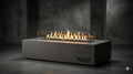 The Eclipse Lounge Table, een luxe rechthoekige design vuurtafel van Solace Outdoor met glazen ombouw en brandend bio-ethanol vuur